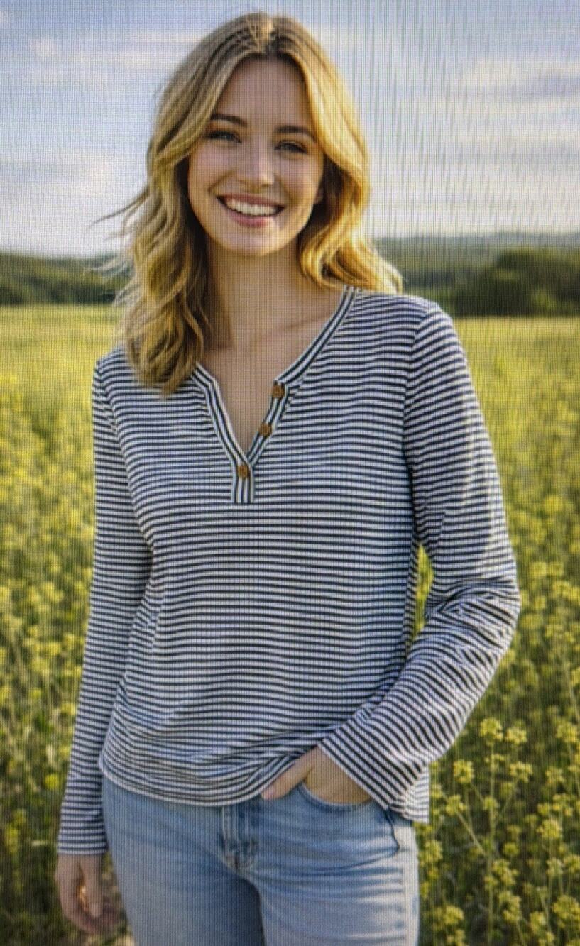 Chico's 2 Womens Large dark Navy Blue Stripe Ribbed Henley shirt cottagecore